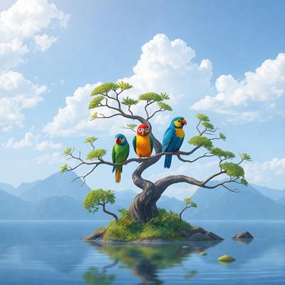 The primary subject of the image is a tree with three colorful birds perched on its branches. The birds are green, yellow, and orange, and they are sitting on the tree in a relaxed manner. The setting is a serene environment with a body of water in the background. The visual style of the image is a digital art or illustration, creating a vibrant and lively atmosphere. The colors and mood of the image are cheerful and lively, with the bright colors of the birds and the water creating a